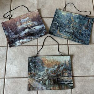 Vintage Thomas Kinkade Tapestry Light Up Wall Hanger Bannerette Set Of 3 18”x13”